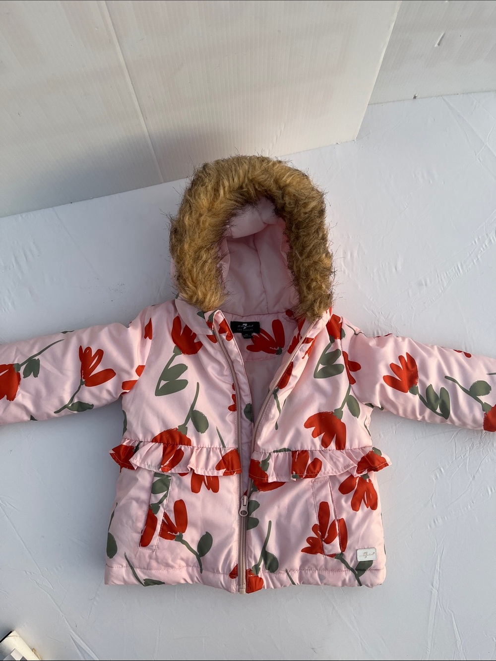 7 For All Mankind Pink Floral Hooded Puffer Jacket with Faux Fur Trim